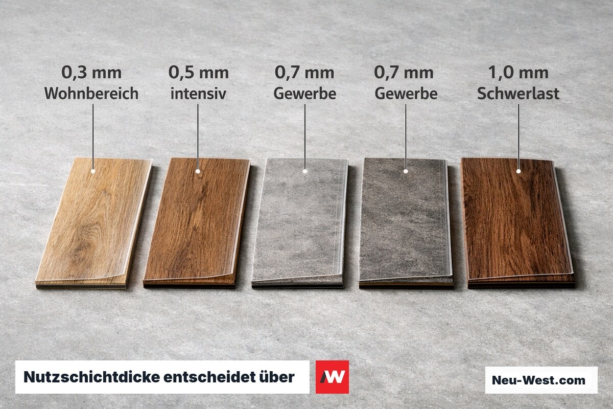 Fünf LVT-Bodenproben nebeneinander mit unterschiedlicher Nutzschichtdicke, Vergleich von 0,3 bis 1,0 mm für Wohn- und Gewerbebereich