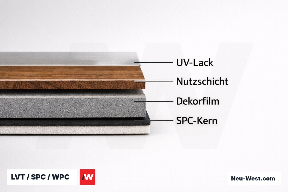 LVT / SPC / WPC: Schichtaufbau und Trägerkern-Unterschiede – Erklär-Grafik (NEUWEST Berlin)