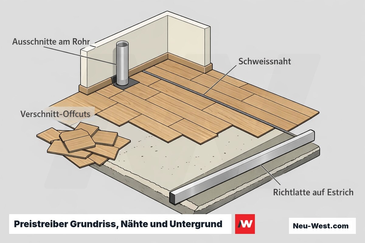 Grundriss-Grafik: kleinteiliger Vinylboden mit Rohr-Ausschnitten, Schweißnaht, Verschnitt und Richtlatte auf nivelliertem Estrich nach DIN 18202.
