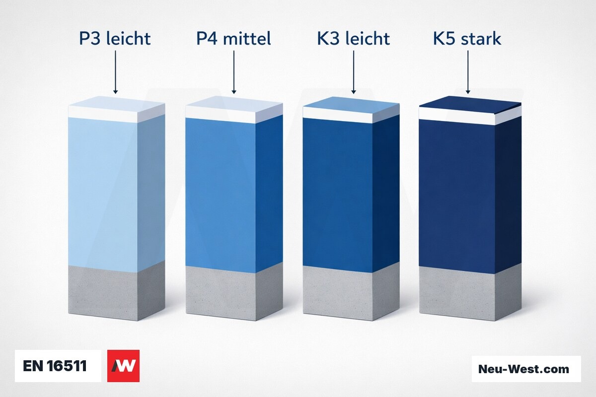 EN 16511: Beanspruchungsklassen P3–P5 (Privat) und K3–K5 (Gewerbe) – Erklär-Grafik (NEUWEST Berlin)