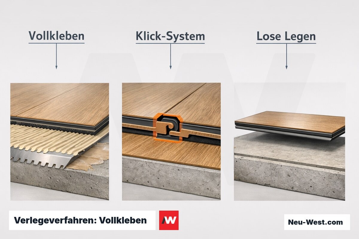 Verlegeverfahren: Vollkleben – Klick-System – Lose Legen – Erklär-Grafik (NEUWEST Berlin)