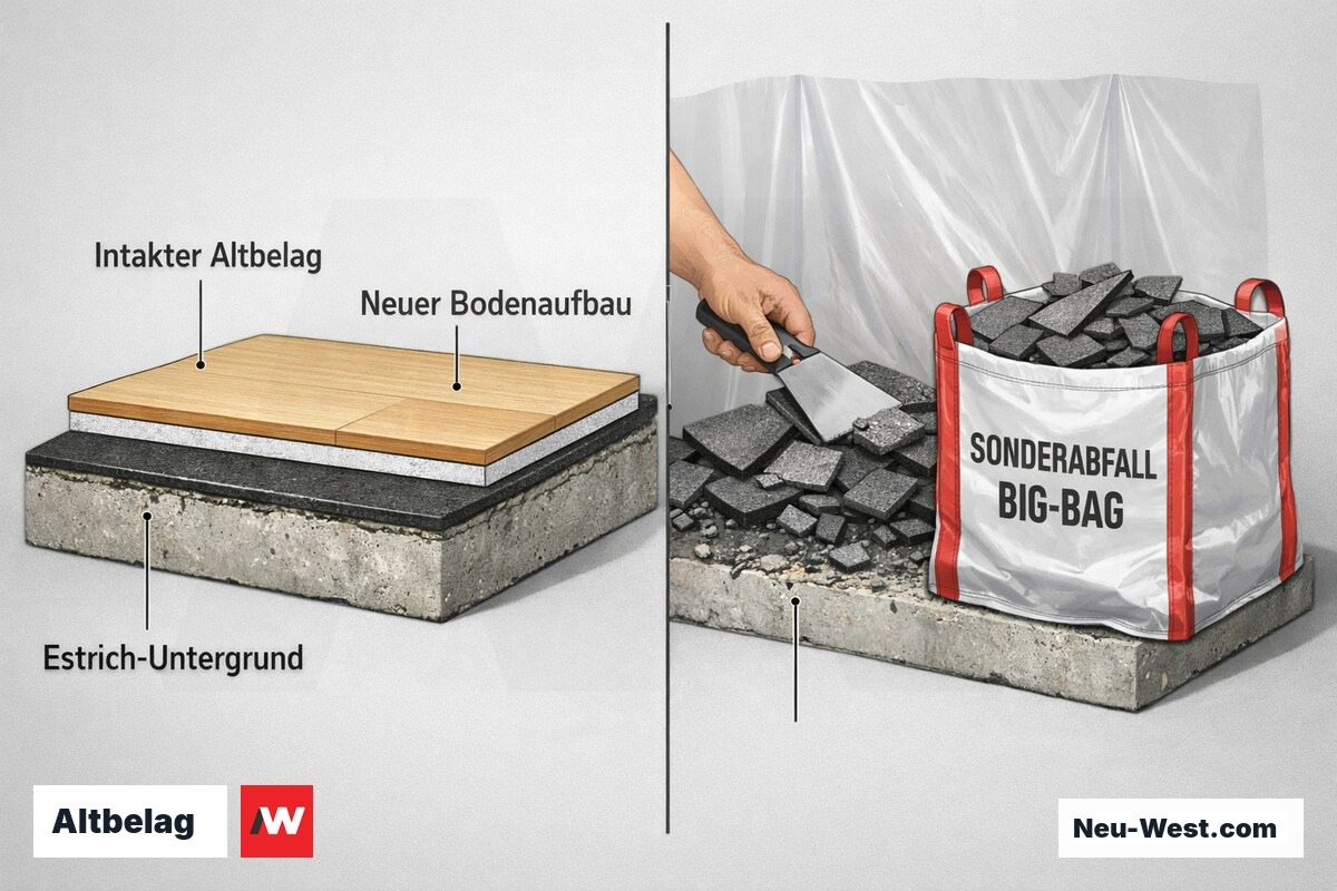 Querschnitt-Vergleich: intakter Altbelag mit Neuverlegung darüber versus Aufnahme und TRGS-519-konforme Sonderabfall-Entsorgung im Big-Bag.