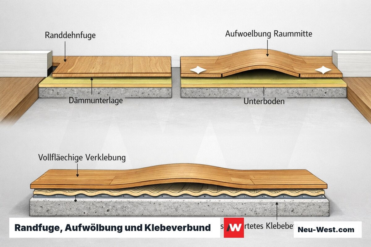 Querschnitt: offene Randdehnfuge unter Sockelleiste, versiegelte Fuge mit Aufwölbung in Raummitte und vollflächig verklebte Bahn im ausgehärteten Klebebett.