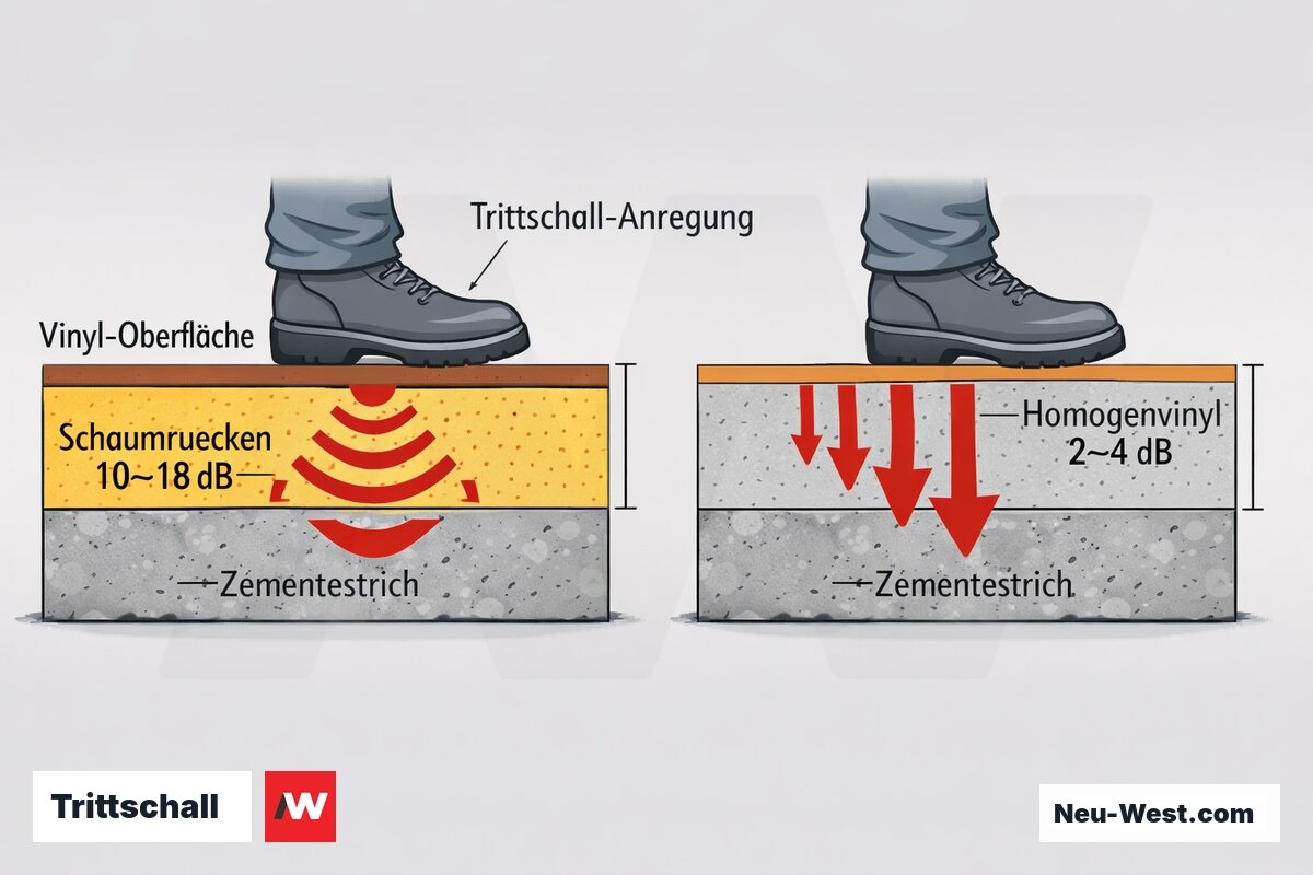 Querschnittsvergleich zweier Vinylbodenaufbauten auf Estrich mit Trittschall-Dämpfung bei Schaumrücken gegenüber kompaktem Homogenvinyl.