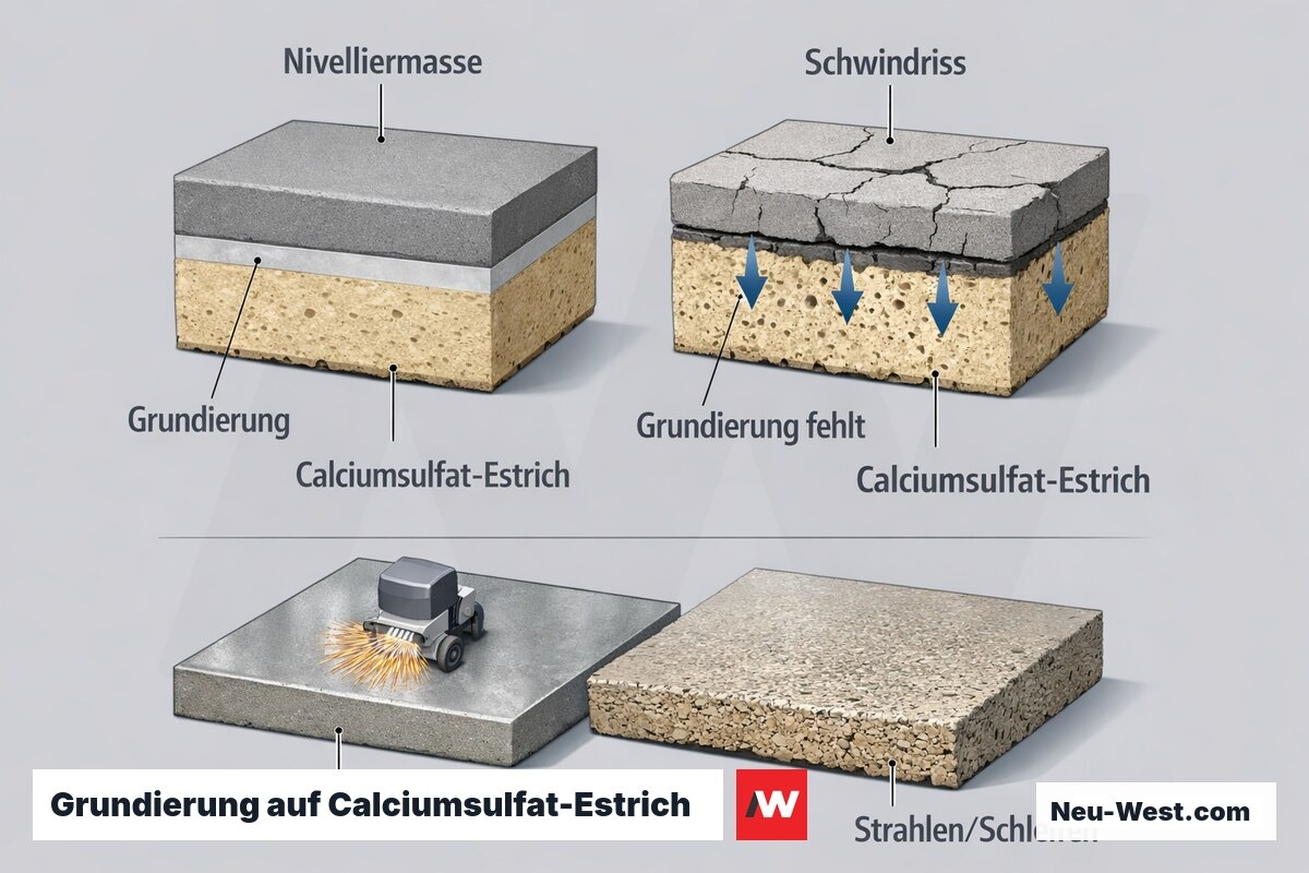 Querschnitt: fehlende Grundierung auf Calciumsulfat-Estrich fuehrt zu Trockensaugen und Rissen der Spachtelmasse; gestrahlter Industrieestrich als Vergleich.