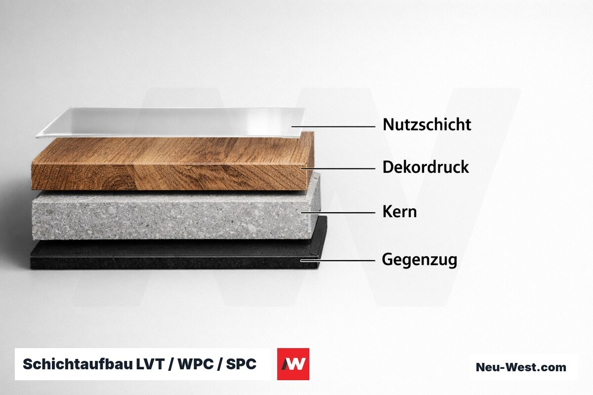 Schichtaufbau LVT / WPC / SPC — Kernmaterial und Dichte im Vergleich – Erklär-Grafik (NEUWEST Berlin)