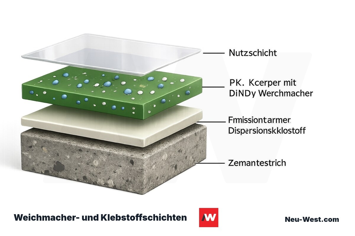 Schichtaufbau eines PVC-Bodens: Nutzschicht, PVC-Körper mit DINCH-Weichmacher, emissionsarmer Dispersionsklebstoff und Zementestrich im Querschnitt.