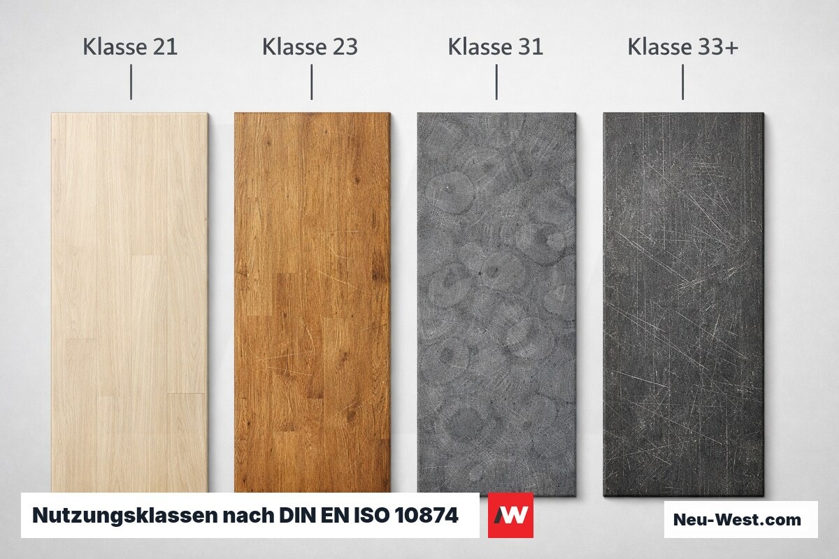 Nutzungsklassen nach DIN EN ISO 10874 — Nutzschichtdicken und Einsatzbereiche – Erklär-Grafik (NEUWEST Berlin)