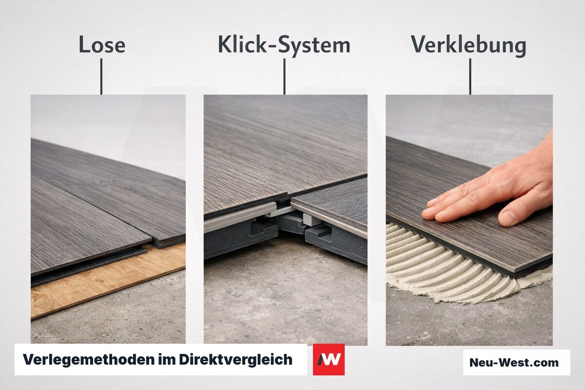 Verlegemethoden im Direktvergleich: Lose, Klick-System, Verklebung – Erklär-Grafik (NEUWEST Berlin)