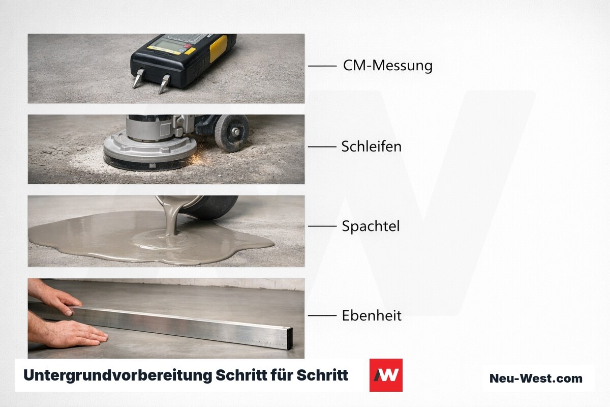 Untergrundvorbereitung Schritt für Schritt — Anforderungen nach DIN 18202 – Erklär-Grafik (NEUWEST Berlin)