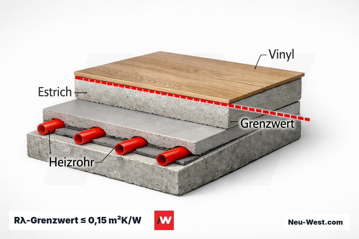 Rλ-Grenzwert ≤ 0,15 m²K/W bei Fußbodenheizung — wo Vinyl kritisch wird – Erklär-Grafik (NEUWEST Berlin)