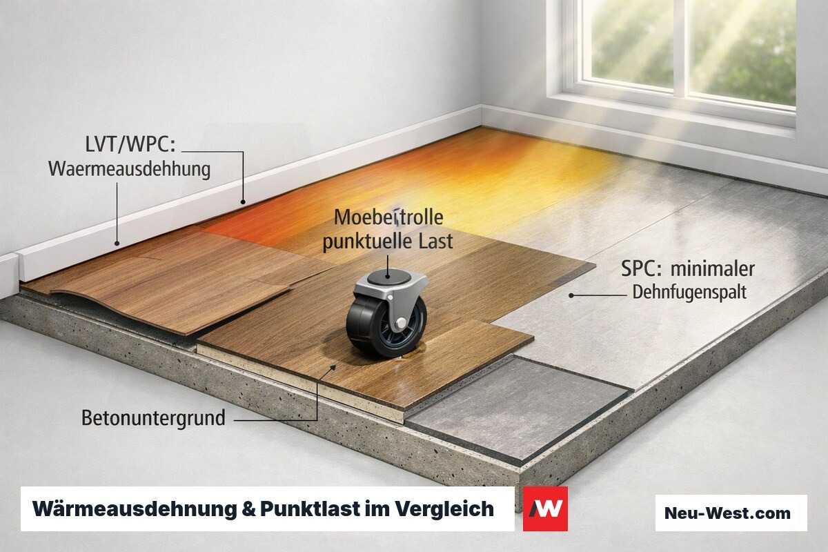 Cutaway einer sonnigen Bodenfläche: SPC bleibt maßstabil, LVT und WPC dehnen sich stärker aus, Möbelrolle drückt in WPC-Kern.