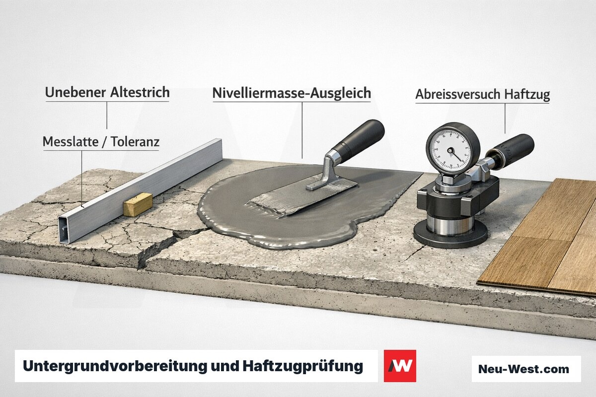 Querschnitt der Bodenuntergrund-Vorbereitung: unebener Altestrich, Nivelliermasse-Ausgleich, Messlatte für DIN-18202-Toleranzen und Abreißversuch zur Haftzugfestigkeit.