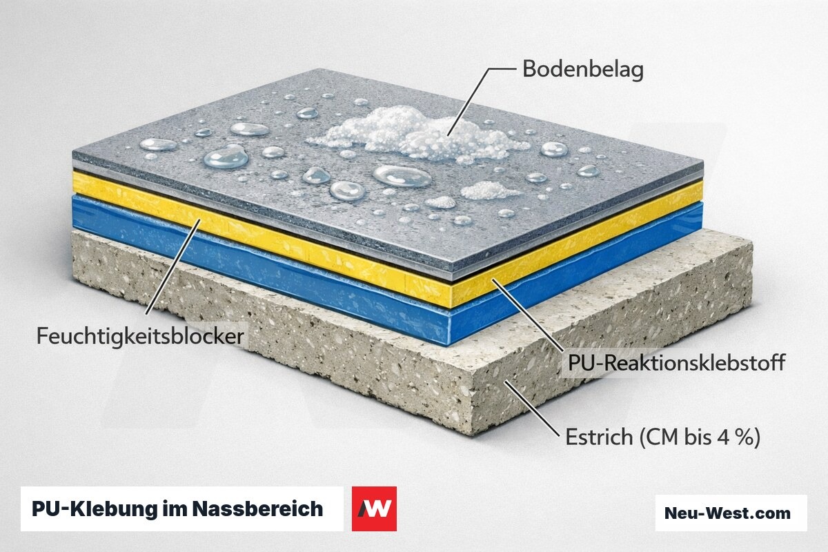 Querschnitt einer PU-verklebten Bodenbelag-Konstruktion mit Feuchtigkeitsblocker auf Estrich, oben alkalische Nassreinigung im Pflegebereich.