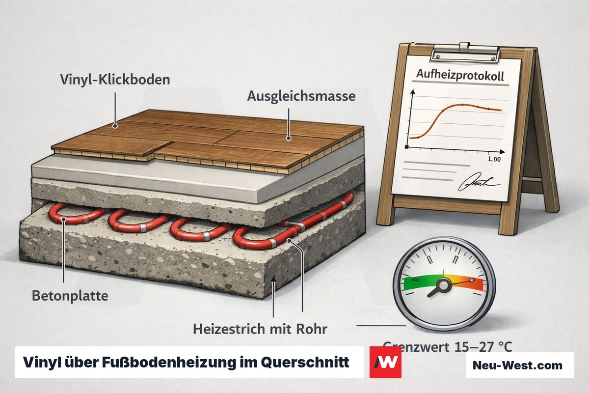 Querschnitt Heizestrich mit Vinylboden, Heizrohren, Grenzwert-Thermometer und unterschriebenem Aufheizprotokoll als Haftungsnachweis.