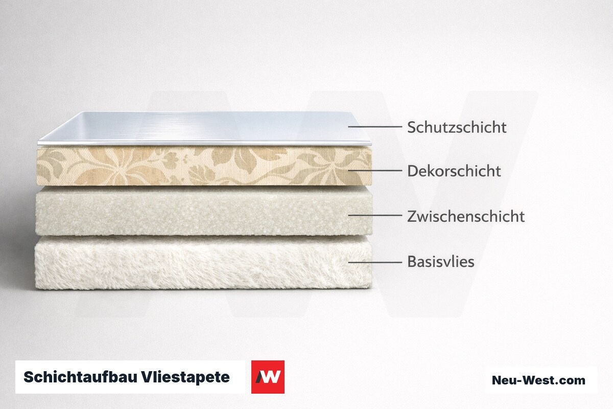 Schichtaufbau Vliestapete — Querschnitt mit Grammatur-Richtwerten – Erklär-Grafik (NEUWEST Berlin)