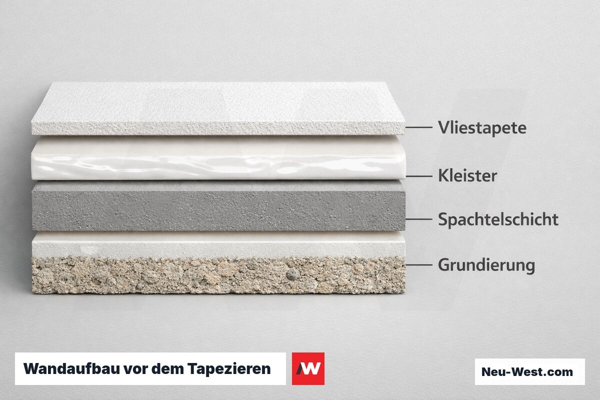 Schichtaufbau einer Wand von Untergrund über Grundierung und Spachtelschicht bis Kleister und Vliestapete als Querschnitt-Grafik.