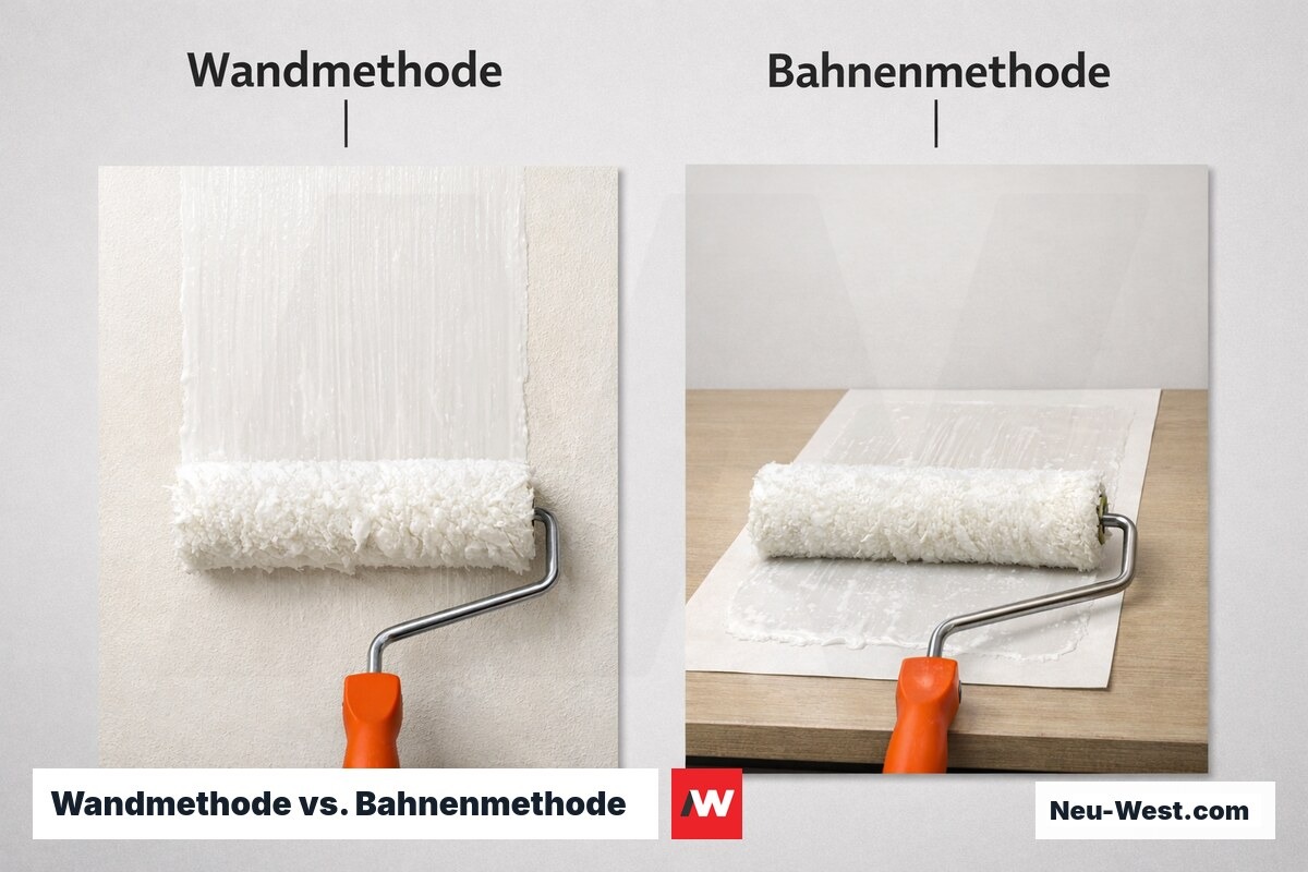 Wandmethode vs. Bahnenmethode — Kaschiertechnik beim Vliestapezieren im Vergleich – Erklär-Grafik (NEUWEST Berlin)