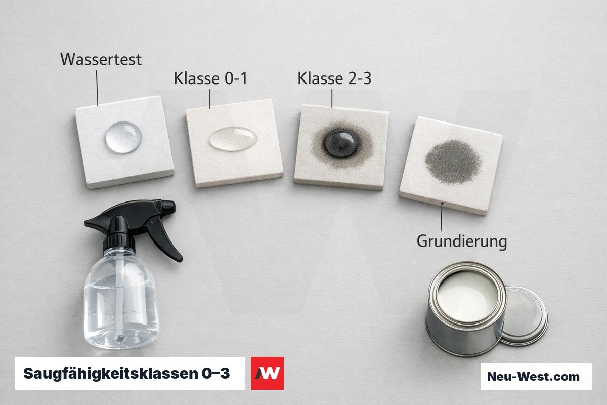 Saugfähigkeitsklassen 0–3 — Wasserperlentest und Grundierungsempfehlung – Erklär-Grafik (NEUWEST Berlin)