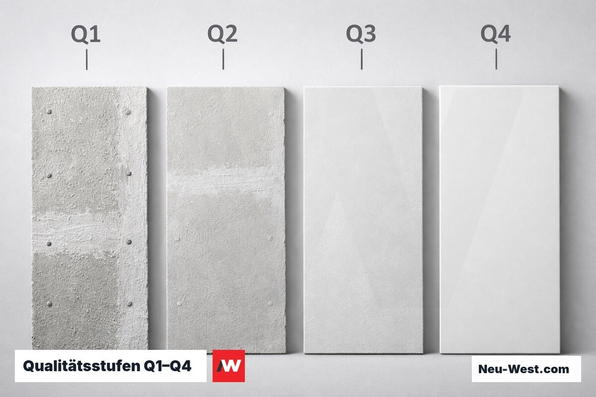 Qualitätsstufen Q1–Q4 nach Gipskarton-Merkblatt — Untergrundanforderungen vor Tapezierarbeiten – Erklär-Grafik (NEUWEST Berlin)