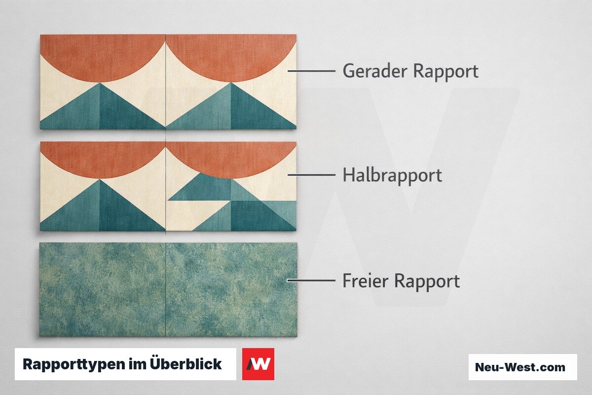 Rapporttypen im Überblick — Einfluss auf Verschnittanteil und Materialplanung – Erklär-Grafik (NEUWEST Berlin)