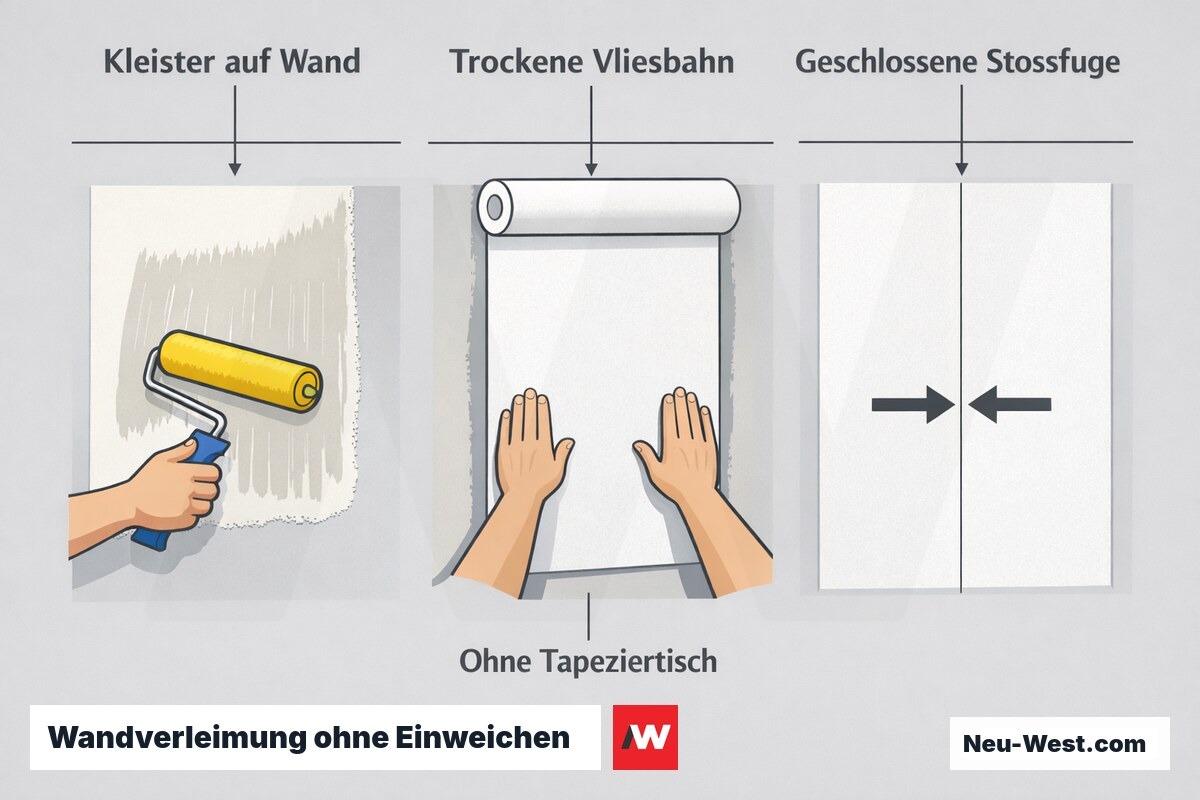 Prozess-Sequenz: Kleister auf die Wand aufgetragen, trockene Vliesbahn direkt angepresst, geschlossene Stoßfuge ohne Quellen.