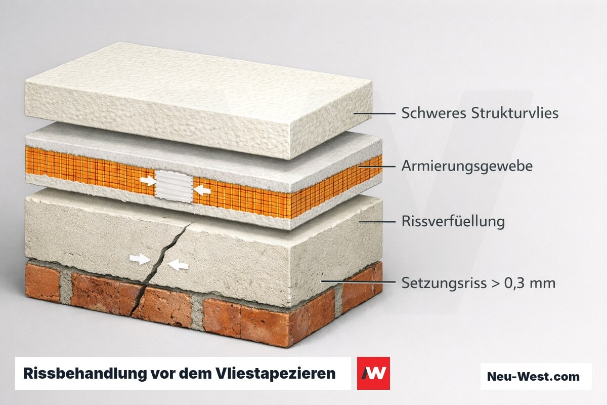 Wand-Querschnitt: Setzungsriss über 0,3 mm wird verfüllt, mit Armierungsgewebe überbrückt und erst dann mit schwerem Strukturvlies überklebt.
