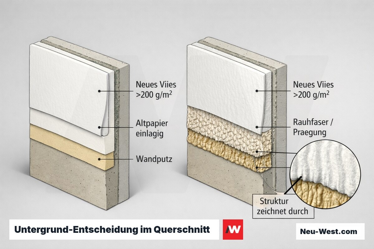 Wand-Querschnitt: links überklebbare Papiertapete unter glattem Vlies, rechts Rauhfaser deren Struktur durch das neue Vlies durchzeichnet.