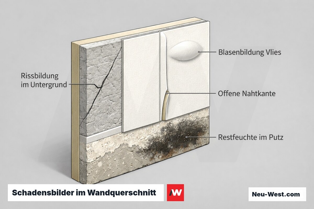 Wandquerschnitt mit Vliestapete zeigt Untergrundriss, Blasenbildung, offene Nahtkante und Restfeuchte im Putz als typische Schadensbilder.