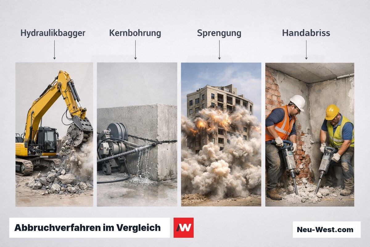 Abbruchverfahren im Vergleich: Einsatzgrenzen, Erschütterungsklasse und Richtwertkosten – Erklär-Grafik (NEUWEST Berlin)