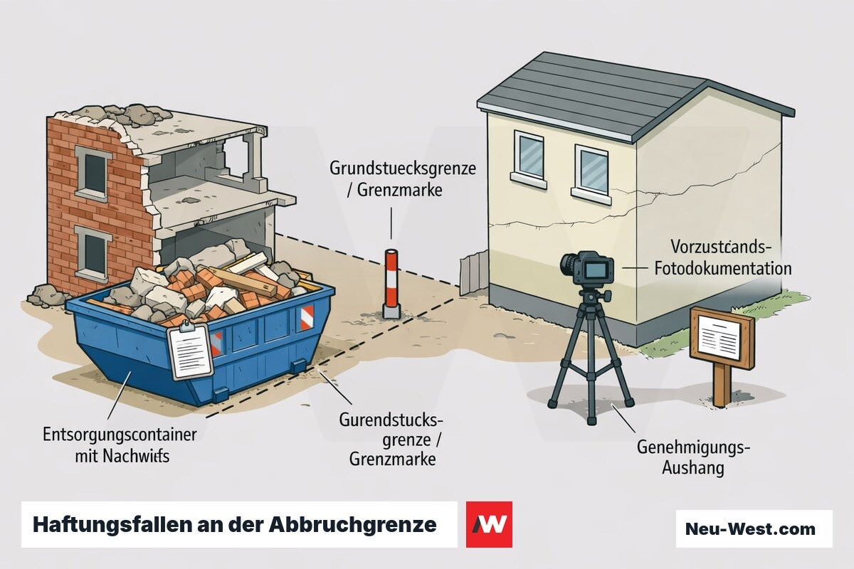 Querschnitt einer Abbruchstelle an der Grundstücksgrenze mit Entsorgungscontainer, Grenzmarke, Fotodokumentation der Nachbarfassade und Genehmigungsaushang.