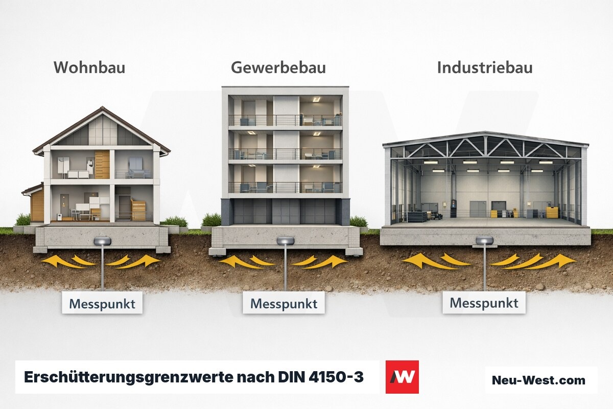 Erschütterungsgrenzwerte nach DIN 4150-3: Frequenzabhängige Anhaltswerte je Gebäudekategorie – Erklär-Grafik (NEUWEST Berlin)