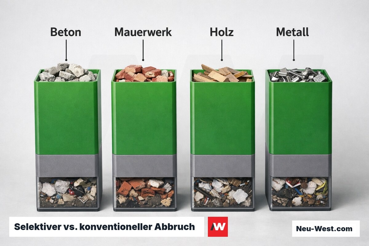 Selektiver vs. konventioneller Abbruch: Materialfraktionen und Verwertungsquoten – Erklär-Grafik (NEUWEST Berlin)