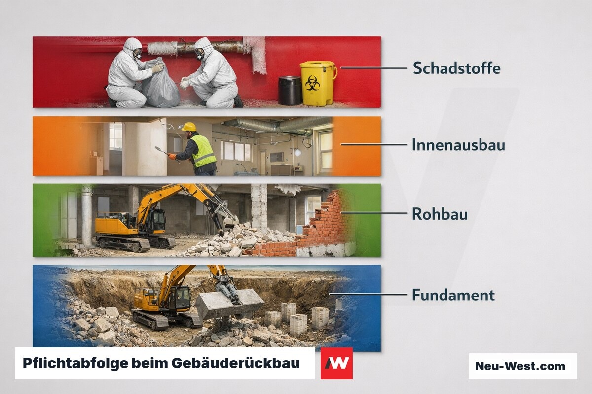 Pflichtabfolge beim Gebäuderückbau nach ATV DIN 18459: Von Schadstoffsanierung bis Tiefgründung – Erklär-Grafik (NEUWEST Berlin)