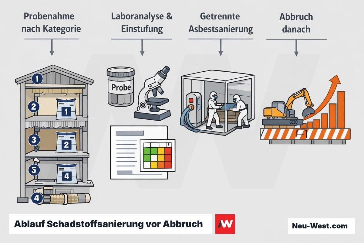 Prozess-Grafik: Probenahme am Bauteil, Laboranalyse, getrennte Asbestsanierung im Containment vor dem eigentlichen Abbruch mit Kostenanstieg.