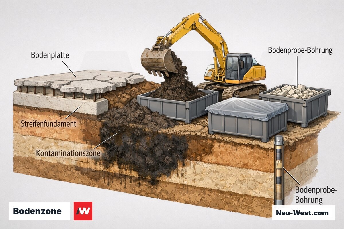 Querschnitt der Bodenzone beim Fundamentabbruch: Bodenplatte, Streifenfundament, kontaminierter Aushub und Bodenprobe-Bohrung nach BBodSchV.