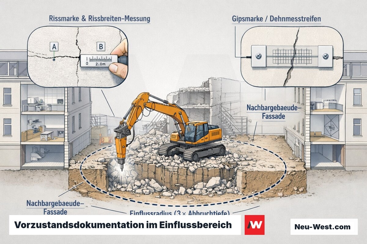 Querschnitt eines Abbruchs mit Einflussradius und dokumentierten Rissen an Nachbargebäuden inkl. Rissmarken und Messung.