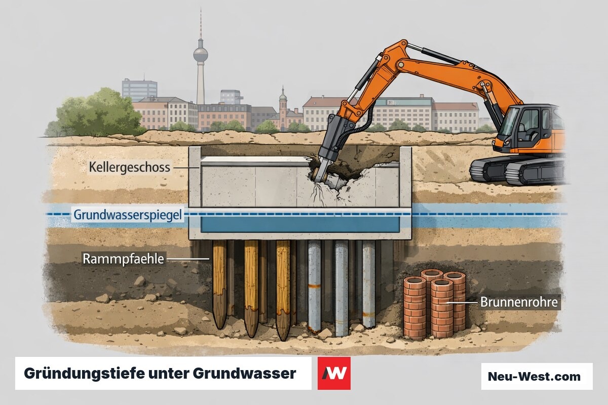 Querschnitt einer tiefen Gebäudegründung mit Keller unter Grundwasserspiegel, historischen Rammpfählen und Brunnenrohren im Berliner Baugrund.