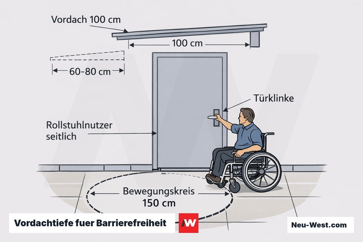 Erklaer-Grafik: barrierefreier Hauseingang mit 150-cm-Bewegungskreis, seitlich positioniertem Rollstuhlnutzer und 100 cm tiefem Vordach nach DIN 18040.