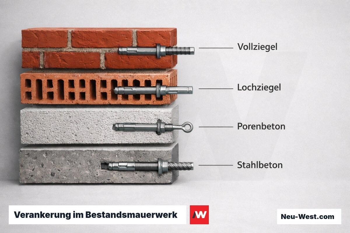 Verankerung im Bestandsmauerwerk: Dübel- und Ankertypen im Vergleich – Erklär-Grafik (NEUWEST Berlin)