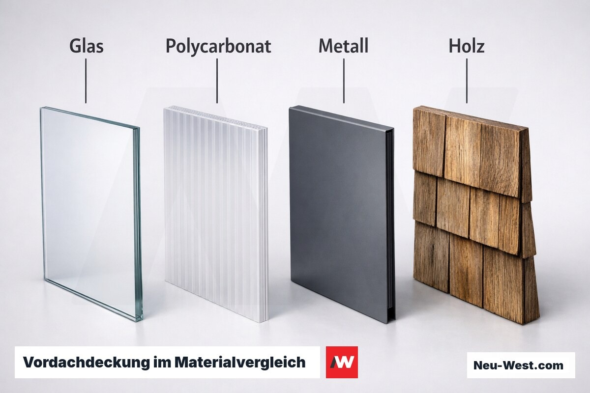 Vordachdeckung im Materialvergleich: Glas, Polycarbonat, Metall, Holz – Erklär-Grafik (NEUWEST Berlin)