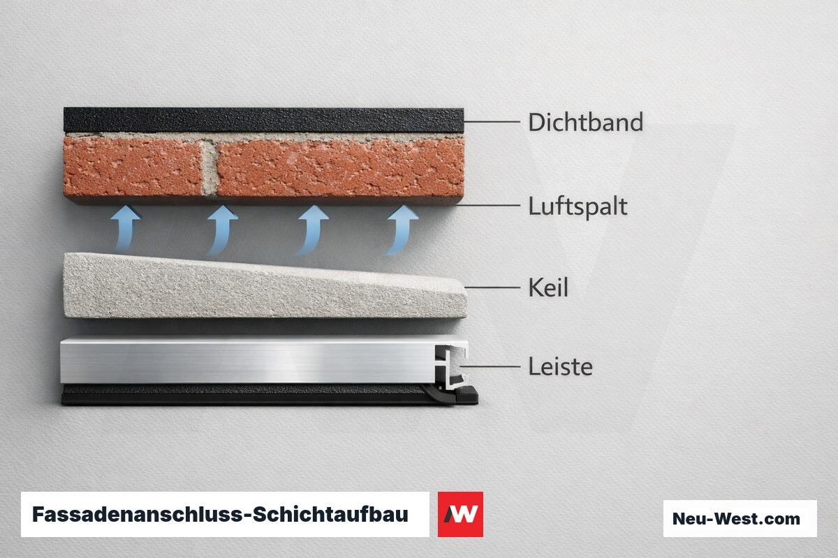 Fassadenanschluss-Schichtaufbau: Dichtband bis Anpressleiste – Erklär-Grafik (NEUWEST Berlin)