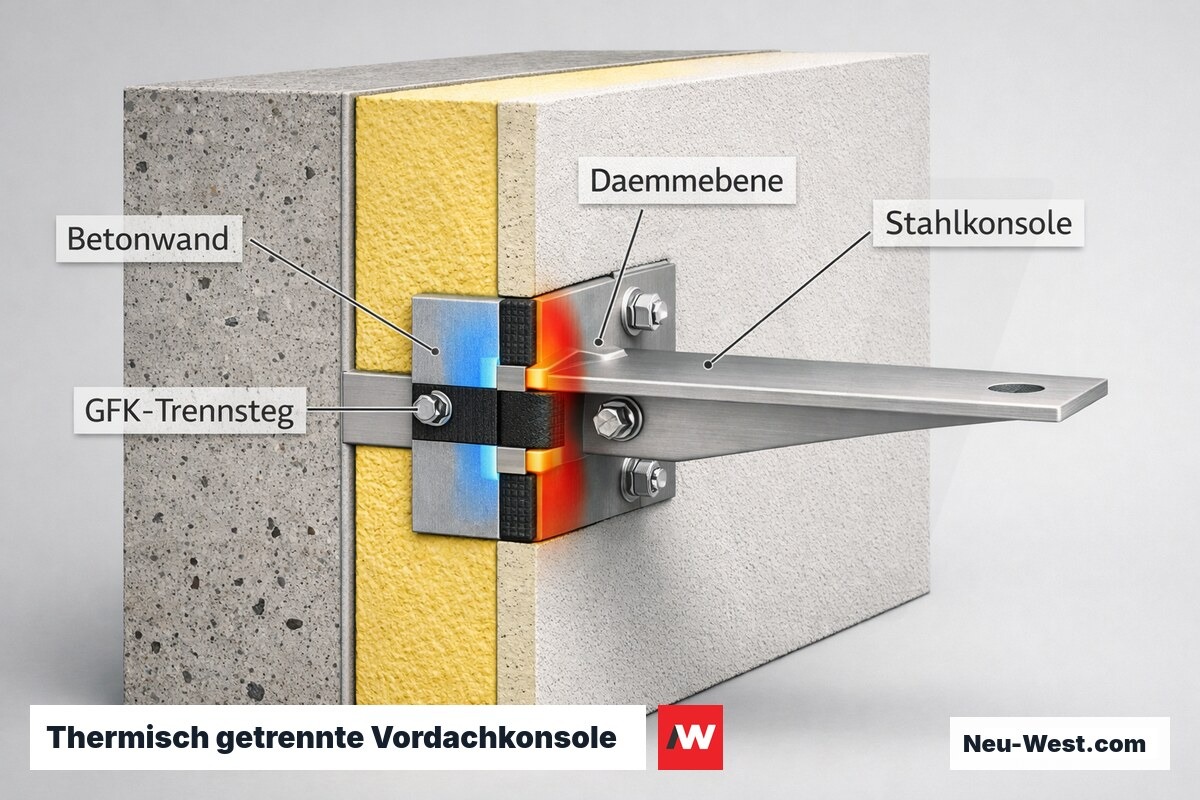 Wandquerschnitt einer Vordachkonsole mit GFK-Trennsteg in der Dämmebene zur Reduzierung der Wärmebrücke nach GEG.
