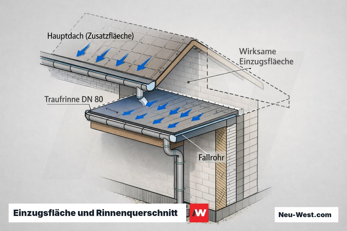 Querschnitt eines Vordachs unter geneigtem Hauptdach mit vergrößerter Einzugsfläche, Traufrinne und Fallrohr zur Entwässerungsdimensionierung.