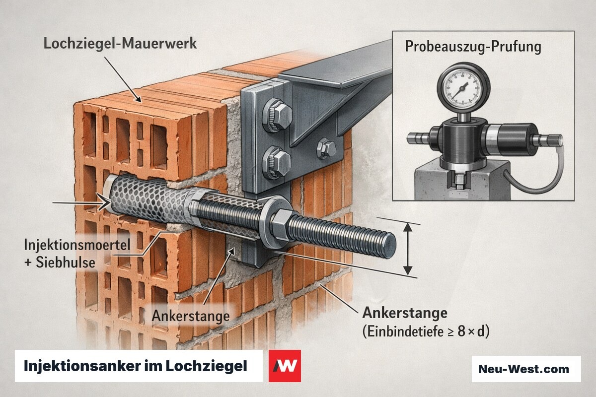Querschnitt eines Vordach-Ankers in Lochziegel-Mauerwerk mit Injektionsmörtel-Siebhülse, Einbindetiefe und Probeauszug-Prüfung.