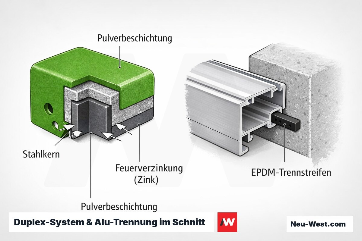 Schnittzeichnung Duplex-Korrosionsschutz: Stahlkern, Feuerverzinkung, Pulverbeschichtung sowie Aluminiumprofil mit EPDM-Trennstreifen zum Beton.