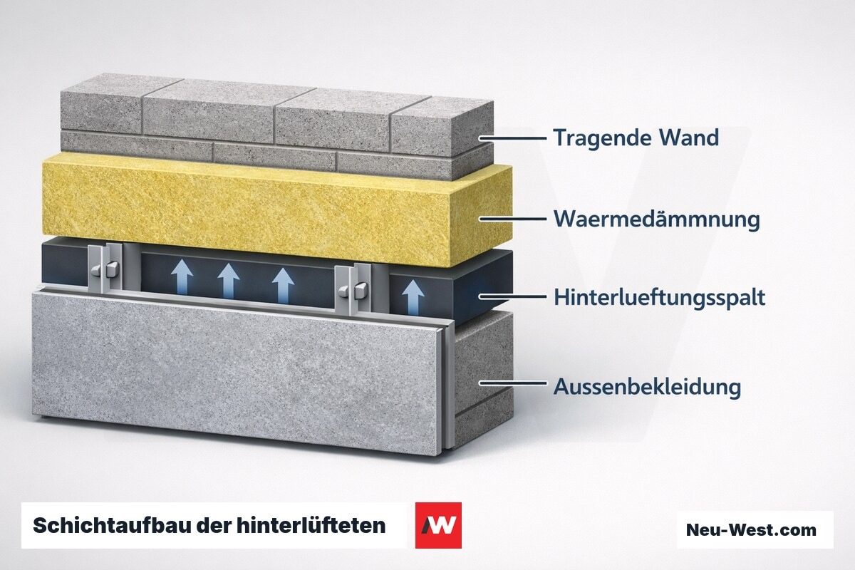 Querschnitt einer vorgehängten hinterlüfteten Fassade mit Tragwand, Dämmung, Unterkonstruktion, Luftspalt und Außenbekleidung.