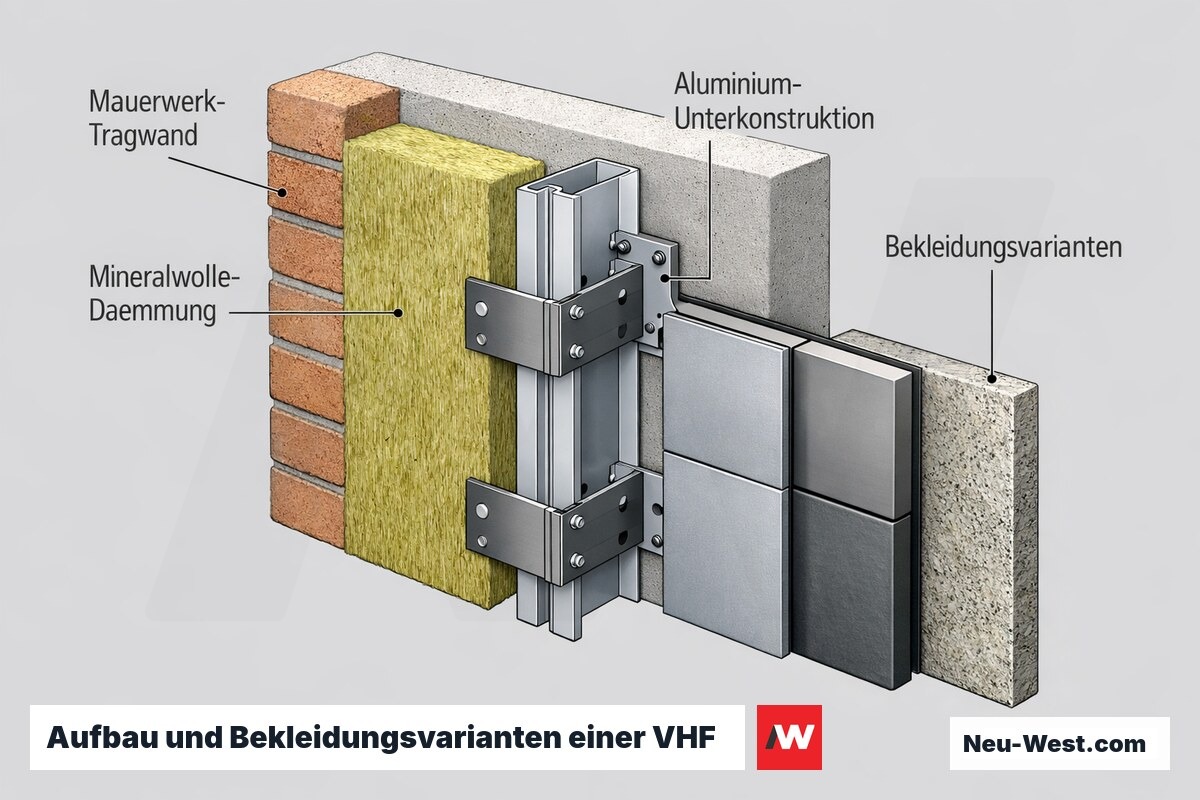 Querschnitt einer vorgehaengten hinterluefteten Fassade mit Tragwand, Daemmung, Unterkonstruktion und drei Bekleidungsvarianten Faserzement, Metall und Naturstein.