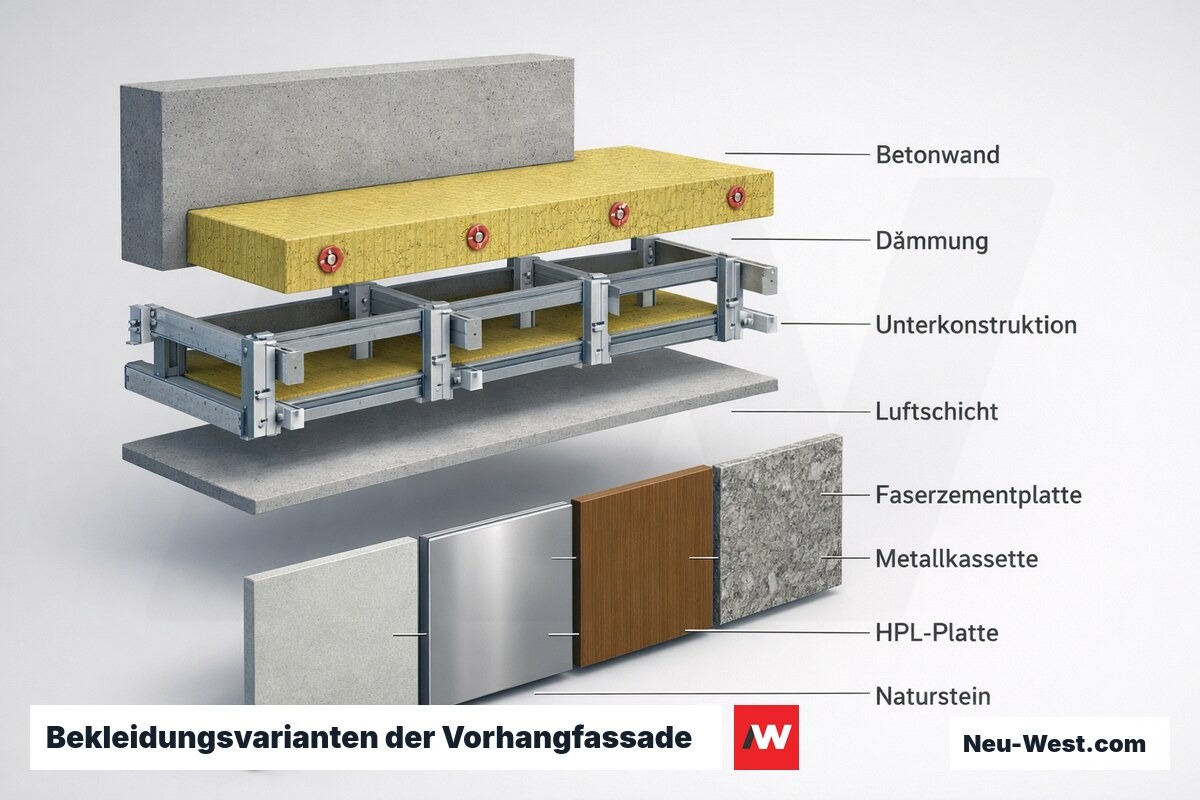 Explosionsdarstellung einer Vorhangfassade mit Betonwand, Daemmung, Unterkonstruktion und vier Bekleidungsvarianten: Faserzement, Metall, HPL, Naturstein.