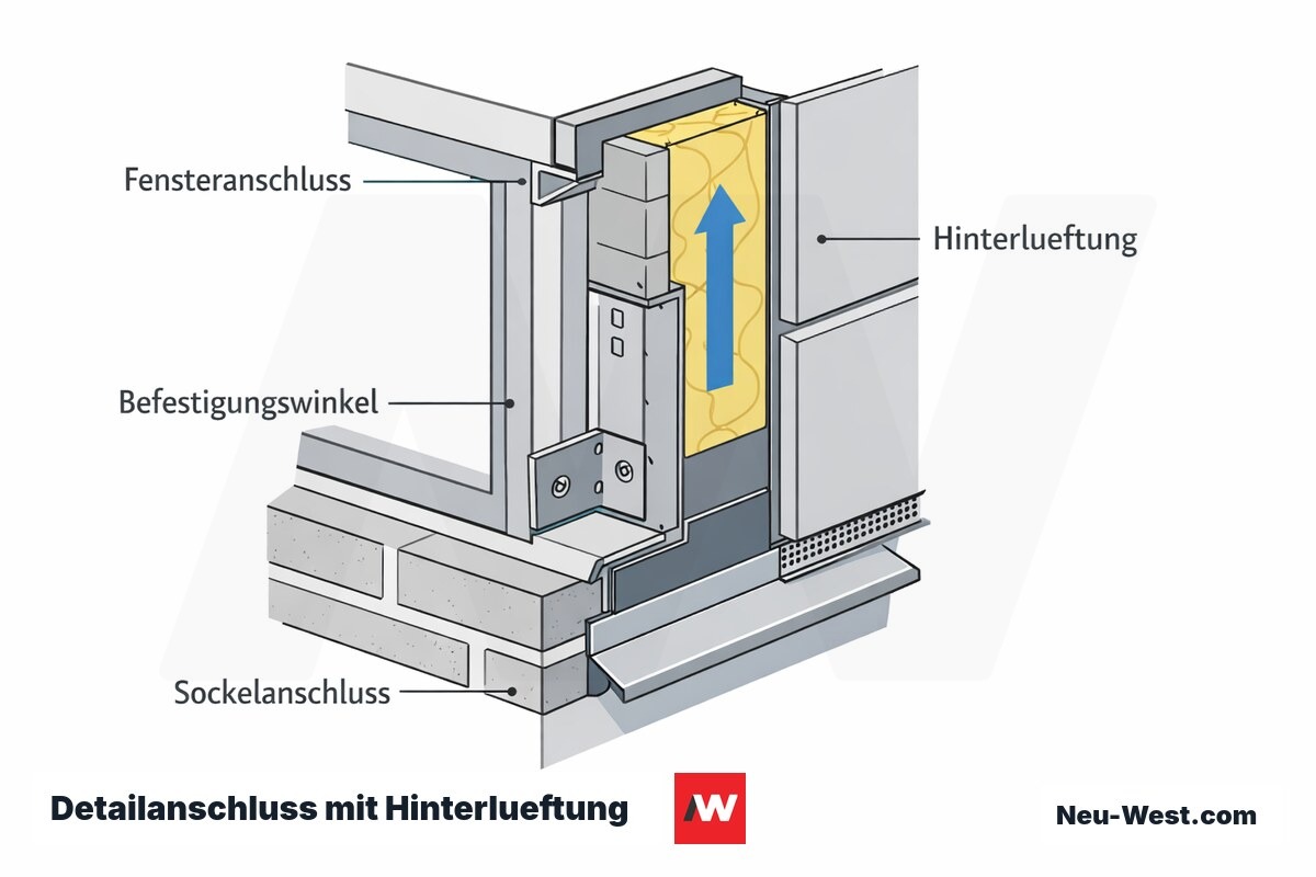 Isometrisches Bauteil-Detail eines Fensteranschlusses einer hinterluefteten Fassade mit Befestigungswinkel, Luftspalt und Sockelanschluss.